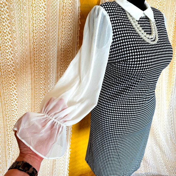 Preppy Houndstooth Collared Sheer Sleeve Pearl Necklace Sheath Dress Size 6 NWT - Picture 8 of 14